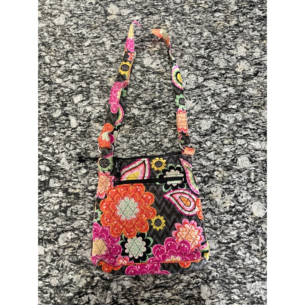 Vera Bradley Ziggy Zinnia Floral Quilted Cotton Crossbody Bag Gray Pink Orange